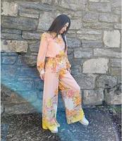 Antonio Melani Flynn Floral Print Coordinating Linen Blend Collar Neck Long Sleeve Button Down Blouse