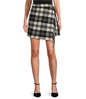 Antonio Melani Georgie Woven Brushed Plaid Fringe High Rise Wrap Front Mini A-Line Skirt