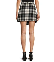 Antonio Melani Georgie Woven Brushed Plaid Fringe High Rise Wrap Front Mini A-Line Skirt