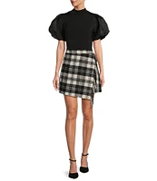 Antonio Melani Georgie Woven Brushed Plaid Fringe High Rise Wrap Front Mini A-Line Skirt