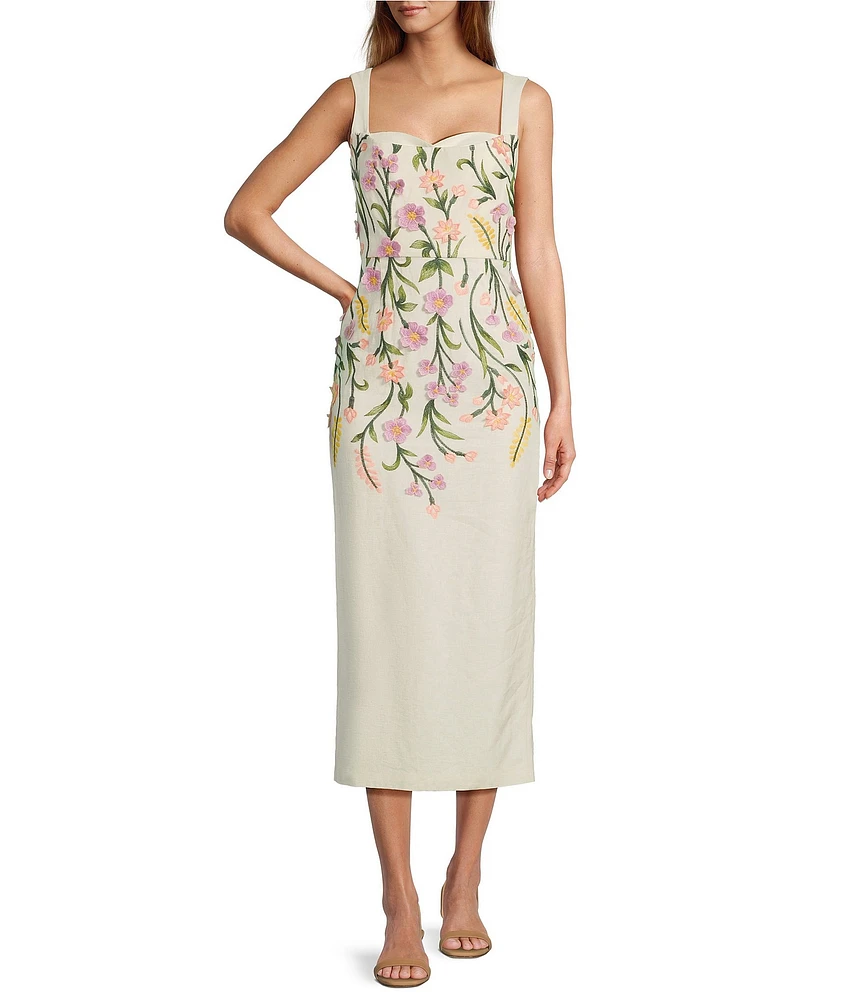 Antonio Melani Halo Linen Blend Floral Embroidered Sleeveless Midi Dress