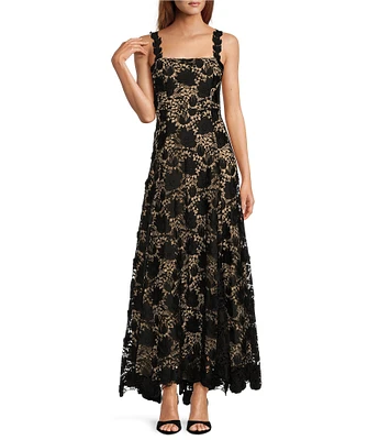 Antonio Melani Jenneth Schiffli Lace Sheer Illusion Square Neck Sleeveless Strap A-Line Gown