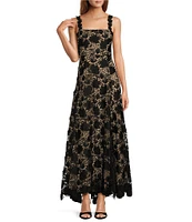 Antonio Melani Jenneth Schiffli Lace Sheer Illusion Square Neck Sleeveless Strap A-Line Gown