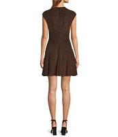 Antonio Melani JoJo Metallic Crepe Knit Mock Neck Cap Sleeve Fit and Flare Flounce Mini Dress