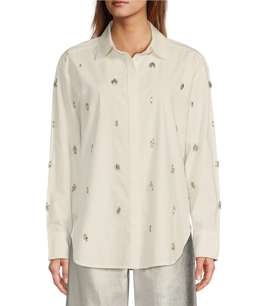 Antonio Melani Joyce Cotton Poplin Jewel Embellished Point Collar Long Sleeve Button Down Blouse