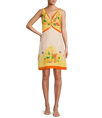 Antonio Melani Kacey Fruit Printed Linen V-Neck Sleeveless A-Line Dress