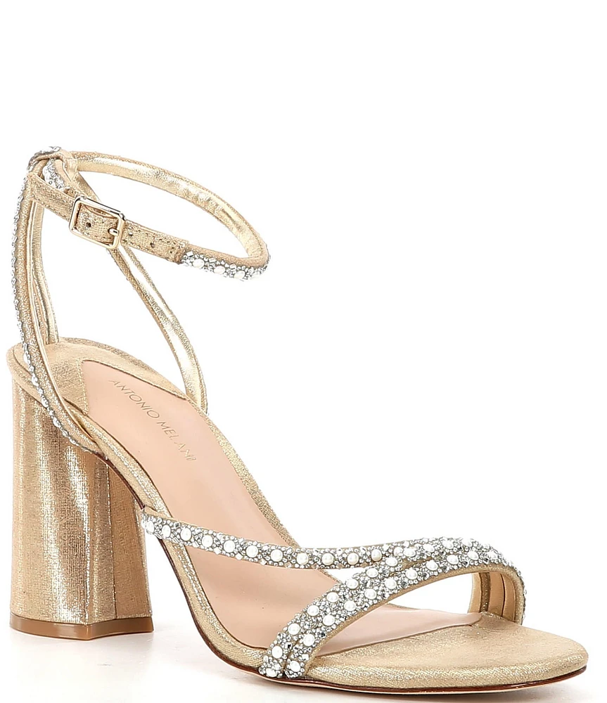 Antonio Melani Kameron Pearl Rhinestone Metallic Strap Block Heel Dress Sandals