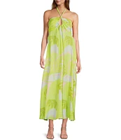 Antonio Melani Kiri Palm Printed Satin Halter Neck Sleeveless Dress