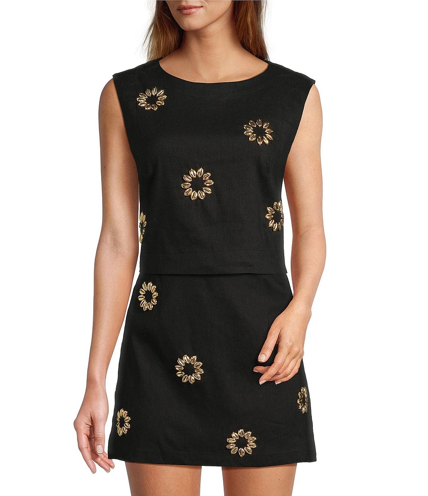 Antonio Melani Coordinating Madelyn Linen Blend Bateau Neckline Shell Embellished Blouse