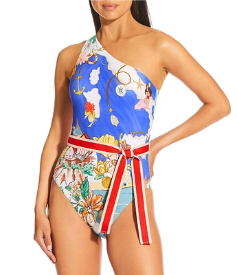 Antonio Melani Map Ribbon Belt Cut Out One Shoulder One Piece Swimsuit