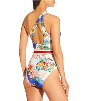 Antonio Melani Map Ribbon Belt Cut Out One Shoulder One Piece Swimsuit