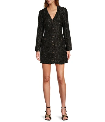 Antonio Melani Nikki Tweed V Neck Long Sleeve Mini A-Line Dress