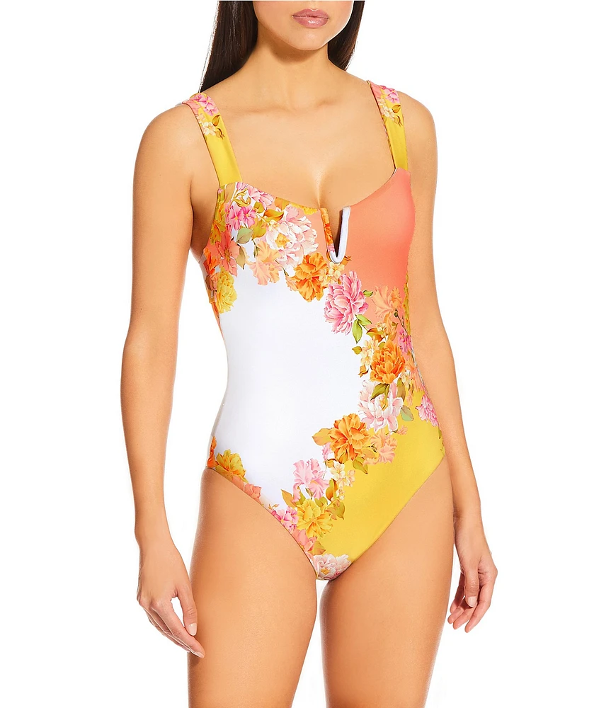Antonio Melani Patchwork Floral V-Wire One Piece Swimsuit