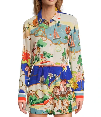 Antonio Melani Polina Linen Blend Ocean Print Button Front Collar Long Sleeve Coordinating Blouse