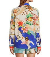 Antonio Melani Polina Linen Blend Ocean Print Button Front Collar Long Sleeve Coordinating Blouse