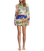 Antonio Melani Polina Linen Blend Ocean Print Button Front Collar Long Sleeve Coordinating Blouse