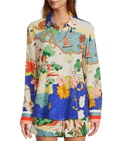 Antonio Melani Polina Linen Blend Ocean Print Button Front Collar Long Sleeve Coordinating Blouse