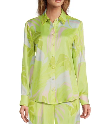 Antonio Melani Polina Printed Satin Twill Button Front Long Sleeve Coordinating Collar Shirt