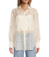 Antonio Melani Priscilla Organza Sheer Jewel Embellished Point Collar Long Sleeve Button Front Blouse