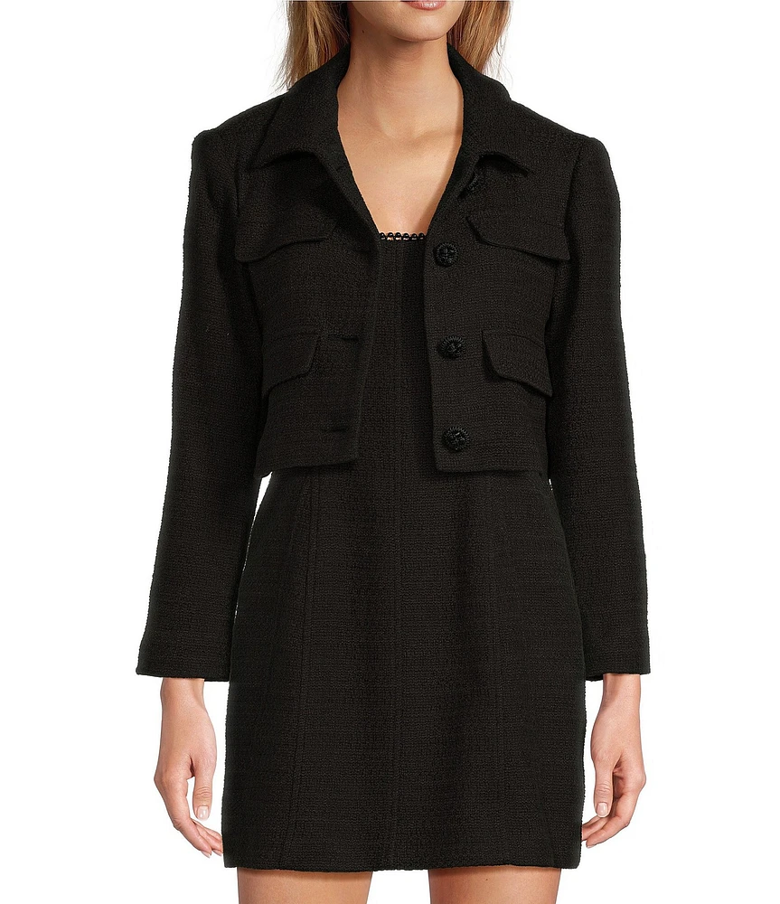 Antonio Melani Rita Tweed Notch Collar Long Sleeve Embellished Button Front Coordinating Cropped Jacket