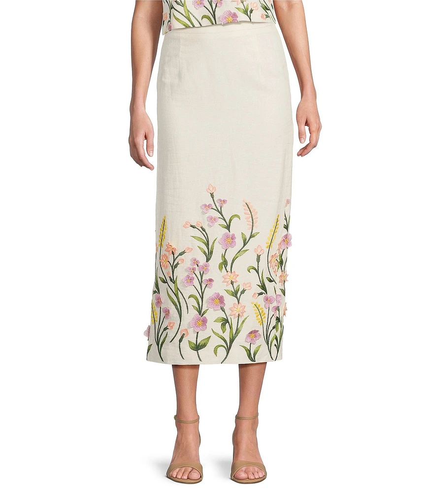 Antonio Melani Riviera Floral Embroidered Linen Sheath Skirt