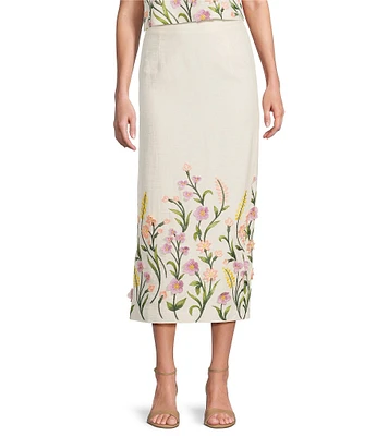 Antonio Melani Riviera Floral Embroidered Linen Sheath Skirt