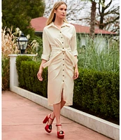 Antonio Melani Roxanne Point Collar Long Sleeve Ruched Tie Waist Button Front Shirt Dress