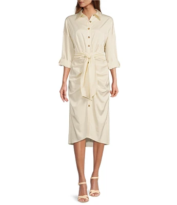 Antonio Melani Roxanne Point Collar Long Sleeve Ruched Tie Waist Button Front Shirt Dress