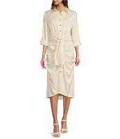 Antonio Melani Roxanne Point Collar Long Sleeve Ruched Tie Waist Button Front Shirt Dress