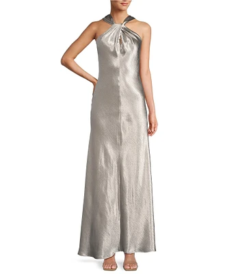 Antonio Melani Selena Metallic Drapey Satin Halter Neck A-Line Slip Maxi Dress