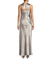 Antonio Melani Selena Metallic Drapey Satin Halter Neck A-Line Slip Maxi Dress