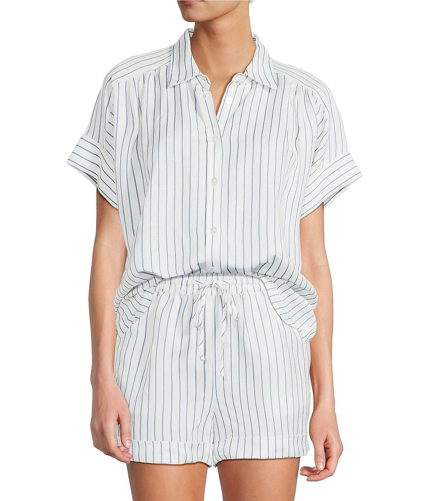 Antonio Melani Shyla Linen Blend Stripe Print Collared Button Down Coordinating Blouse