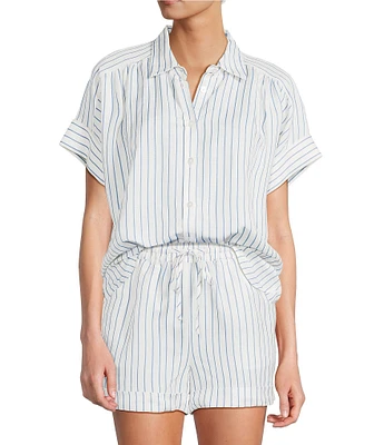 Antonio Melani Shyla Linen Blend Stripe Print Collared Button Down Coordinating Blouse