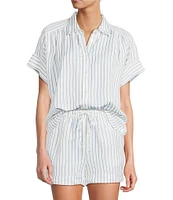 Antonio Melani Shyla Linen Blend Stripe Print Collared Button Down Coordinating Blouse