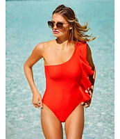 Antonio Melani Solid One Shoulder Ruffle One Piece Swimsuit