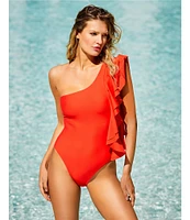 Antonio Melani Solid One Shoulder Ruffle One Piece Swimsuit