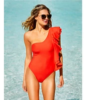 Antonio Melani Solid One Shoulder Ruffle One Piece Swimsuit