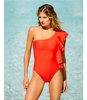 Antonio Melani Solid One Shoulder Ruffle One Piece Swimsuit