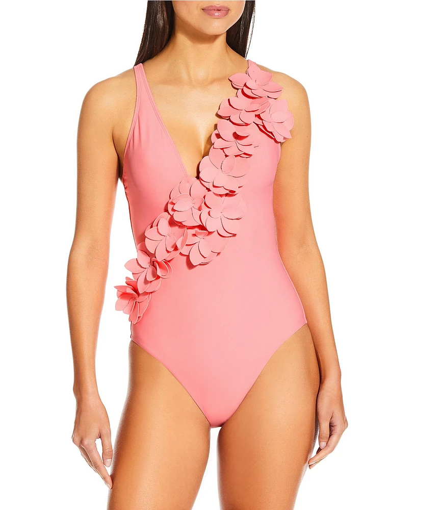Antonio Melani Solid Rosette Deep V-Neck One Piece Swimsuit