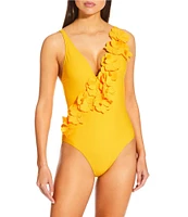 Antonio Melani Solid Rosette Deep V-Neck One Piece Swimsuit