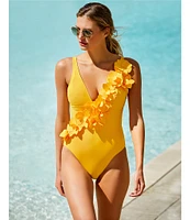Antonio Melani Solid Rosette Deep V-Neck One Piece Swimsuit