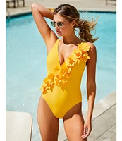 Antonio Melani Solid Rosette Deep V-Neck One Piece Swimsuit