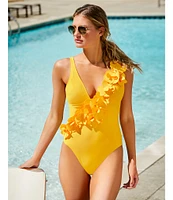 Antonio Melani Solid Rosette Deep V-Neck One Piece Swimsuit