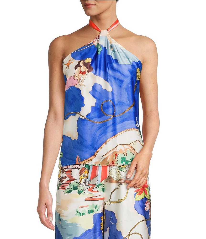 Antonio Melani Tara Ocean Print Satin Halter Neck Coordinating Blouse