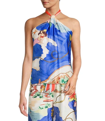 Antonio Melani Tara Ocean Print Satin Halter Neck Coordinating Blouse