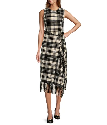 Antonio Melani Tula Plaid Print Crew Neck Sleeveless Belted Wrap Front Fringe Hem Midi Sheath Dress