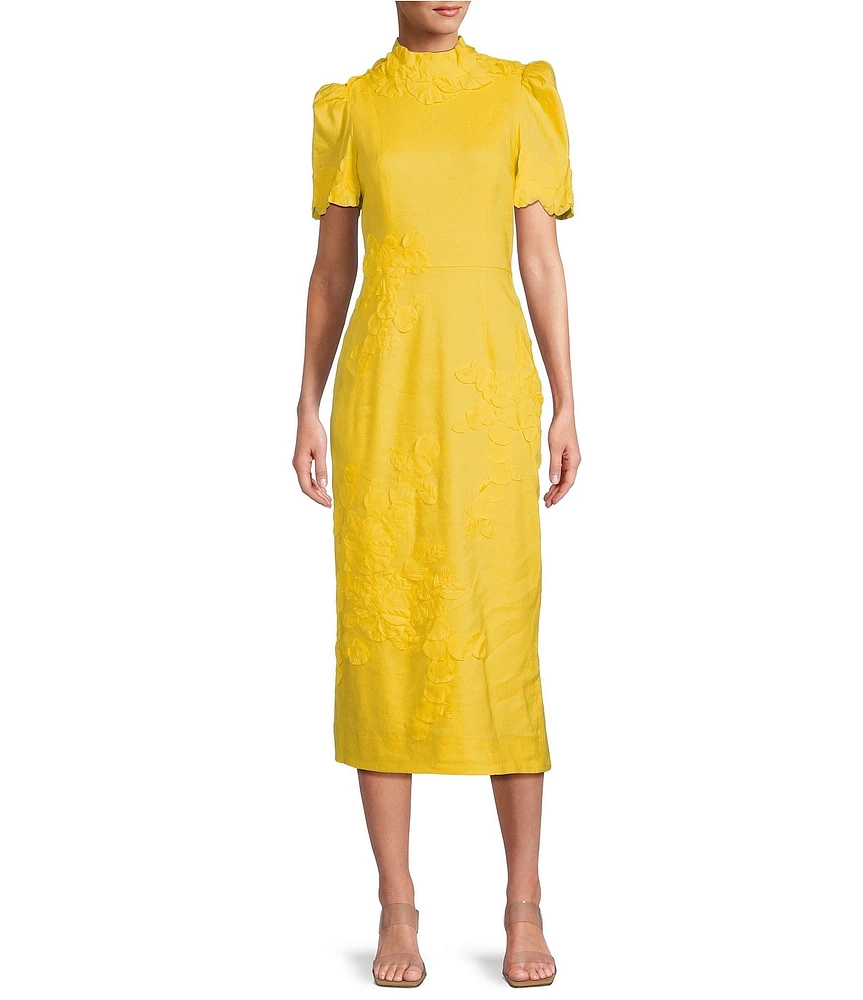 Antonio Melani Willow Floral Applique Short Sleeve Mock Neck Midi Dress