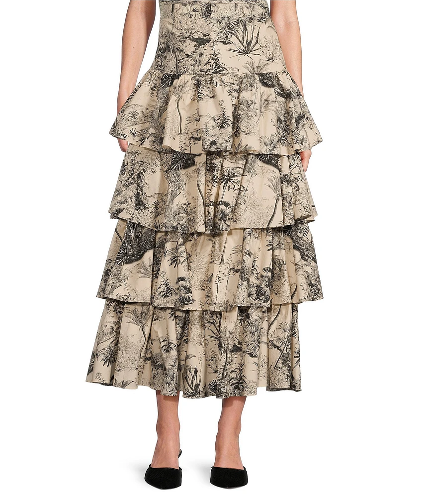 Antonio Melani x Jennifer Sumko Alyssa Toile Print Sateen High Rise Tiered Ruffle A-Line Maxi Coordinating Skirt