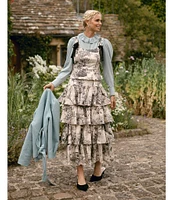 Antonio Melani x Jennifer Sumko Alyssa Toile Print Sateen High Rise Tiered Ruffle A-Line Maxi Coordinating Skirt