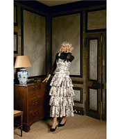 Antonio Melani x Jennifer Sumko Alyssa Toile Print Sateen High Rise Tiered Ruffle A-Line Maxi Coordinating Skirt